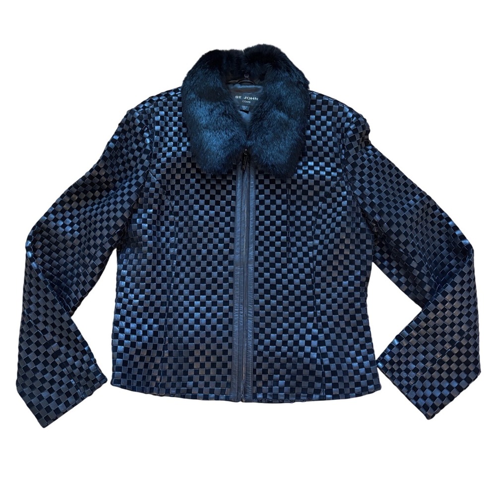 St John Coats Black Woven Leather Fur Collar Jacket Checkered Zip Front XL